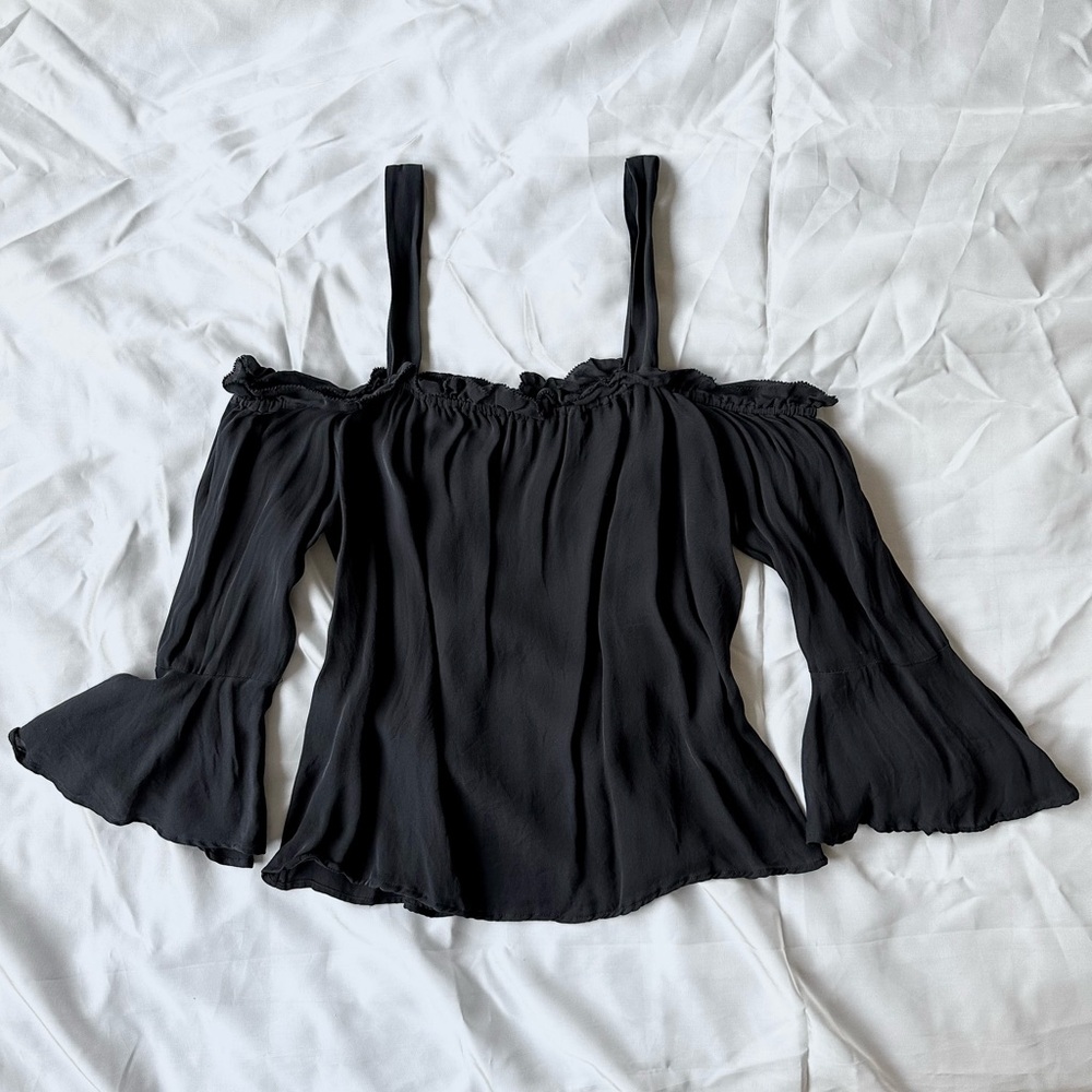 J. Crew | Silk bell-sleeve off the shoulder top in black size 6